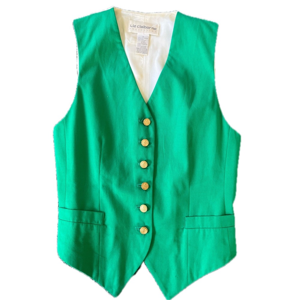 Vintage Kelly Green Vest Preppy Nautical Gold Crest Buttons Size S